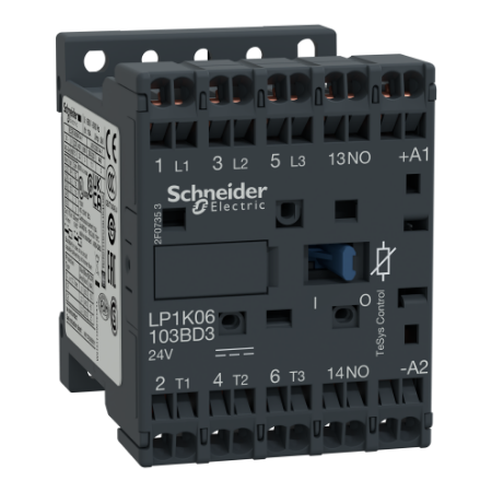 Picture of Contactor, TeSys K, 3P, AC-3/AC-3e, 440V, 9A, 1NO aux, 24V DC coil,with integral suppression device