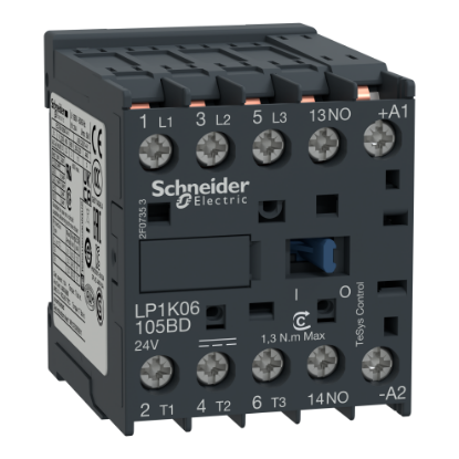 Picture of Contactor, TeSys K, 3P, AC-3/AC-3e, 440V, 9A, 1NO aux, 24V DC coil,solder pins