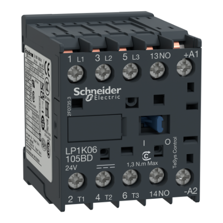 Picture of Contactor, TeSys K, 3P, AC-3/AC-3e, 440V, 9A, 1NO aux, 24V DC coil,solder pins