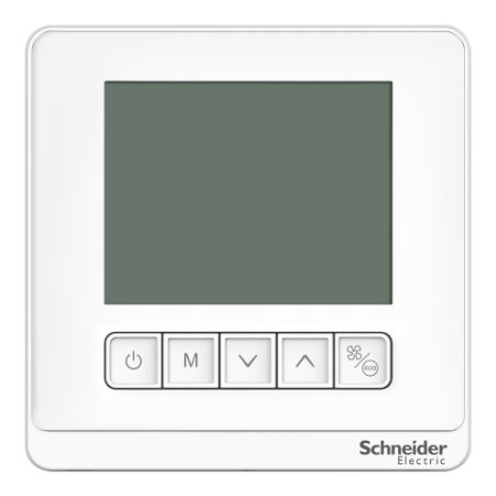Picture of Thermostat, Spacelogic, fan coil on/off, standalone, LCD 5 Button, 4P, 3 fan, 240V, white