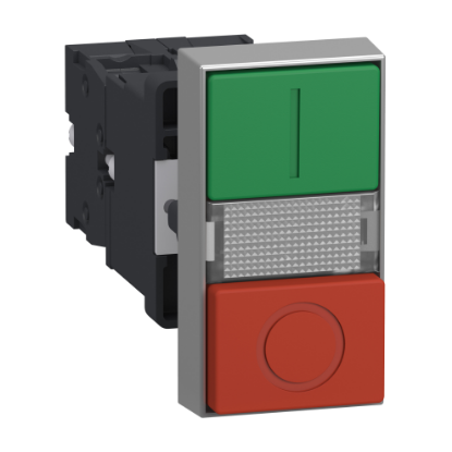 Picture of Illuminated double headed push button, Easy Harmony XA2, plastic, 22mm, 1 green flush I + 1 light + 1 red flush O, 24V AC DC, 1NO + 1NC