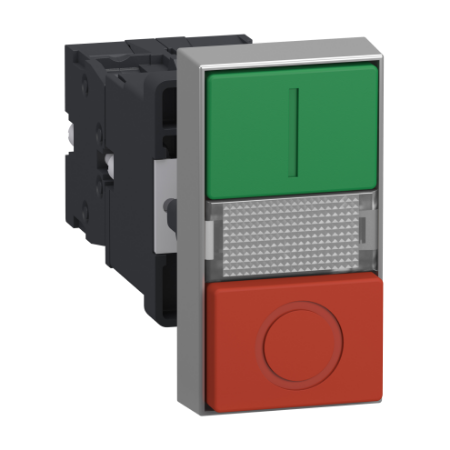 Picture of Illuminated double headed push button, Easy Harmony XA2, plastic, 22mm, 1 green flush I + 1 light + 1 red flush O, 24V AC DC, 1NO + 1NC