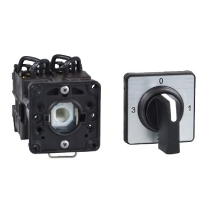 Picture of Cam ammeter switch, Harmony K, 22mm, plastic, 3 positions, position 0, 90°, 12A, 45x45mm, metallic legend, marked 0 L1 L2 L3, 35mm black handle