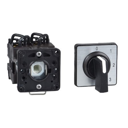 Picture of Cam changeover switch, Harmony K, Ø 22mm, plastic, 1 pole, position 0, 45°, 20A, 45x45mm, metallic legend, marked 2/0/1, 35mm black handle