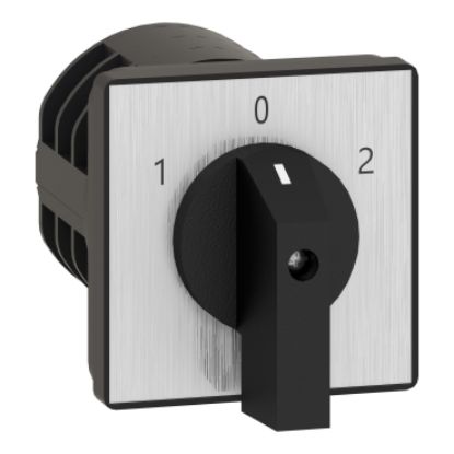 Picture of Complete cam switch, Harmony K1, K2, cam changeover switch, front mounting, plastic, 4 poles, position 0, 30degrees, 32A, 64x64mm, marked 1 0 2