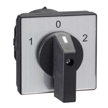 Picture of Complete cam switch, Harmony K1, K2, cam changeover switch, front mounting, plastic, 4 poles, position 0, 60degrees, 50A, 64x64mm, marked 1 0 2