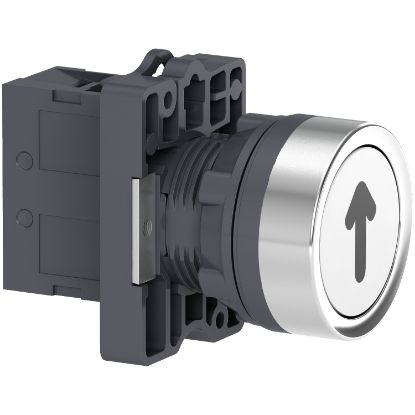 Picture of Complete push button, Easy Harmony XA2, plastic, flush, white, 22mm, spring return, marked UP ARROW, 1NO