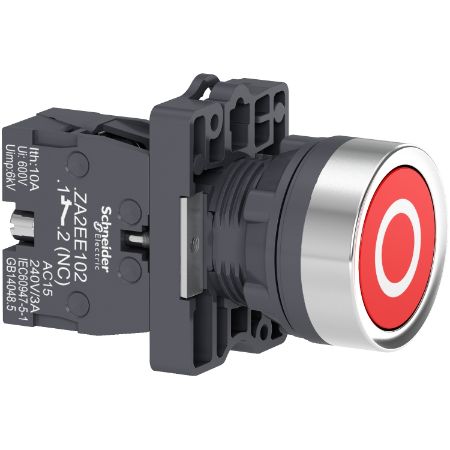 Picture of Complete push button, Easy Harmony XA2, plastic, flush, red, 22mm, spring return, marked O, 1NC