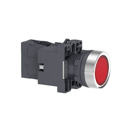 Picture of Complete illuminated push button, Easy Harmony XA2, plastic, flush, red, 22mm, spring return, 220V AC, 1NC