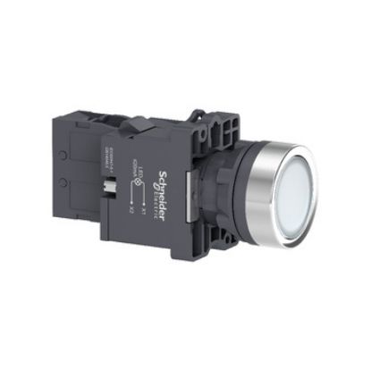 Picture of Complete illuminated push button, Easy Harmony XA2, plastic, flush, white, 22mm, spring return, 220V AC, 1NO