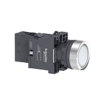 Picture of Complete illuminated push button, Easy Harmony XA2, plastic, flush, white, 22mm, spring return, 220V AC, 1NO