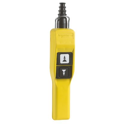 Picture of Pendant control station, Harmony XAC, plastic, yellow, pistol grip, 2 booted push buttons with 2NO