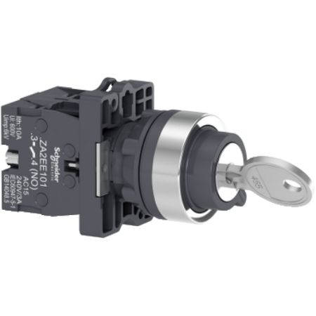 Picture of Complete selector switch, Easy Harmony XA2, plastic, black, 22mm, key 455, 3 positions, spring return to center, 2NO