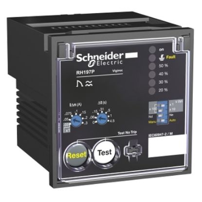 Picture of Residual current protection relay, VigiPacT RH197P, 30mA-30A, 48VAC 50/60Hz, 24/130VDC, alarm 50%, front panel mounting