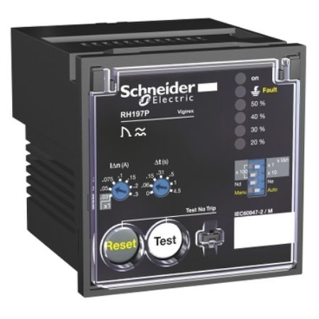 Picture of Residual current protection relay, VigiPacT RH197P, 30mA-30A, 220/240VAC 50/60Hz, alarm 50%, front panel mounting