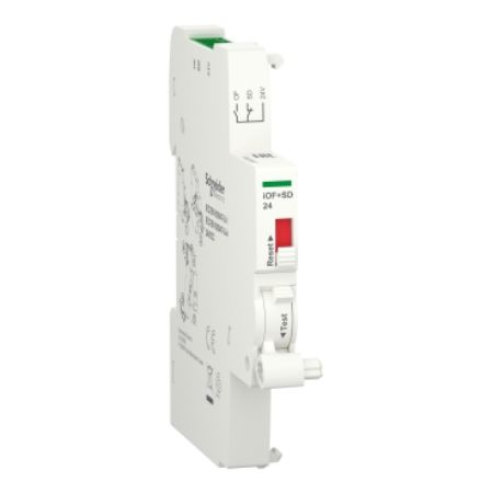 Picture of Acti9, Auxiliary contact, Acti9 A9A, iOF+SD, 1 NO + 1 NC, 2mA to 100mA, 24VDC, Ti24 connector on top (sold separately)
