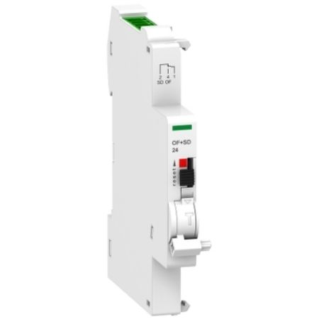 Picture of Acti9, Auxiliary contact, Acti9 A9N, OF+SD, 1 NO + 1 NC, 2mA to 100mA, 24VDC, Ti24 connector on top (sold separately)