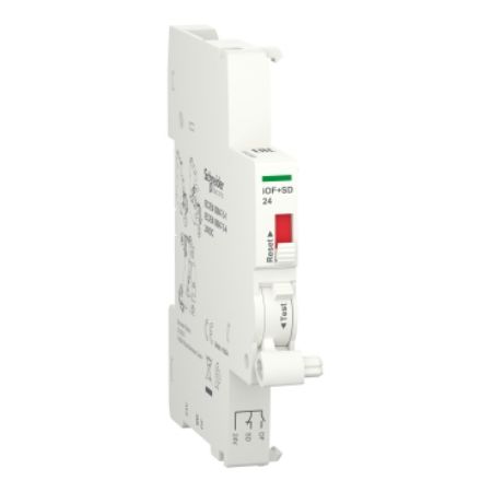Picture of Auxiliary contact, Acti9 A9A, iOF+SD, 1 NO + 1 NC, 2mA to 100mA, 24VDC, Ti24 connector on bottom (sold separately)