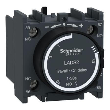 Picture of TeSys; TeSys Deca, Time delay contact block,TeSys Deca, 1NO+1NC,on-delay 1-30s,front,with 40±15ms switching time between NC opening and NO closing