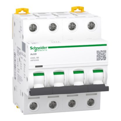 Picture of Miniature circuit breaker (MCB), Acti9 iC60L, 4P, 6A, B curve, 15000A (IEC/EN 60898-1), 25kA (IEC/EN 60947-2)