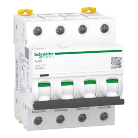 Picture of Miniature circuit breaker (MCB), Acti9 iC60L, 4P, 32A, C curve, 15000A (IEC/EN 60898-1), 20kA (IEC/EN 60947-2)