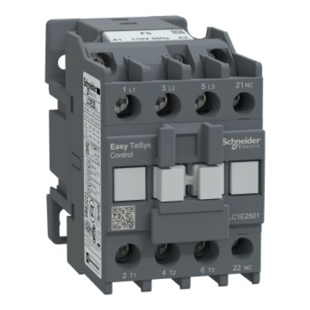 Picture of Contactor,Easy TeSys Control,LC1E,3P(3NO),AC-3,<=440V,25A,110V AC coil,50Hz,1NC auxiliary contact