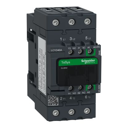 Picture of TeSys; TeSys Deca, Contactor, 3P(3 NO), AC-3/AC-3e, 0 to 440V, 40A, 24 to 60VAC/DC coil, EverLink