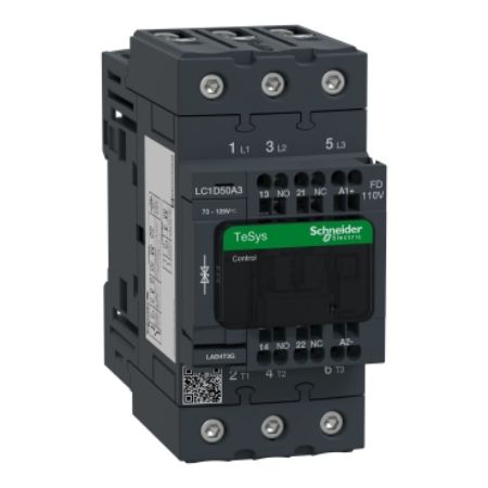 Picture of Contactor, TeSys Deca, 3P(3 NO), AC-3/AC-3e, <=400V, 50A, 110V DC standard coil, spring terminals