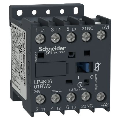 Picture of Contactor, TeSys K, 3P, AC-3/AC-3e, 440V, 6A, 1NC aux, 24V DC low consumption coil