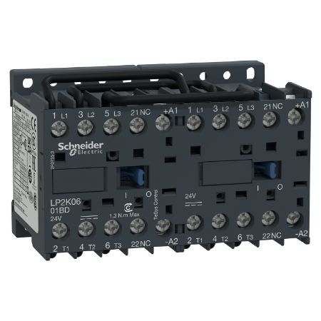 Picture of reversing Contactor, TeSys K, 3P, AC-3/AC-3e,440V 6A, 1NC, 24V DC coil, screw clamp terminals