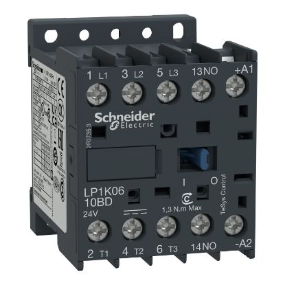 Picture of Contactor, TeSys K, 3P, AC-3/AC-3e, 440V, 12A, 1NO aux, 24V DC coil,screw clamps