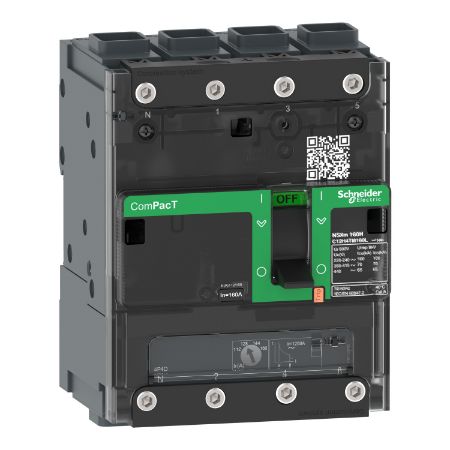 Picture of Circuit breaker, ComPacT NSXm 160B, 25kA/415VAC, 4 poles 3D (neutral not protected), TMD trip unit 80A, EverLink lugs