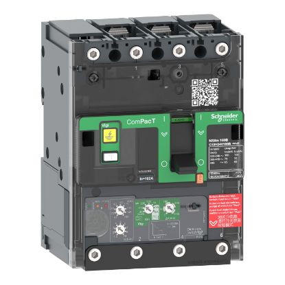 Picture of Circuit breaker, ComPacT NSXm 160H, 70kA/415VAC, 3 poles, MicroLogic 4.1 trip unit 100A, lugs/busbars